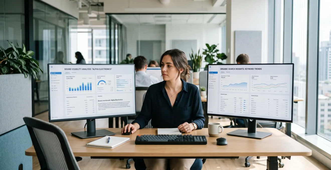 Analyste comparant la visibilité d’une marque sur deux moteurs d’intelligence artificielle