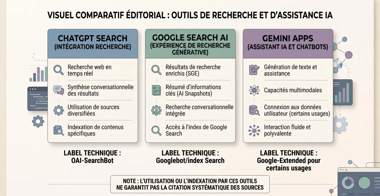 Comparaison des contrôles techniques pour ChatGPT Search, Google Search AI et Gemini Apps