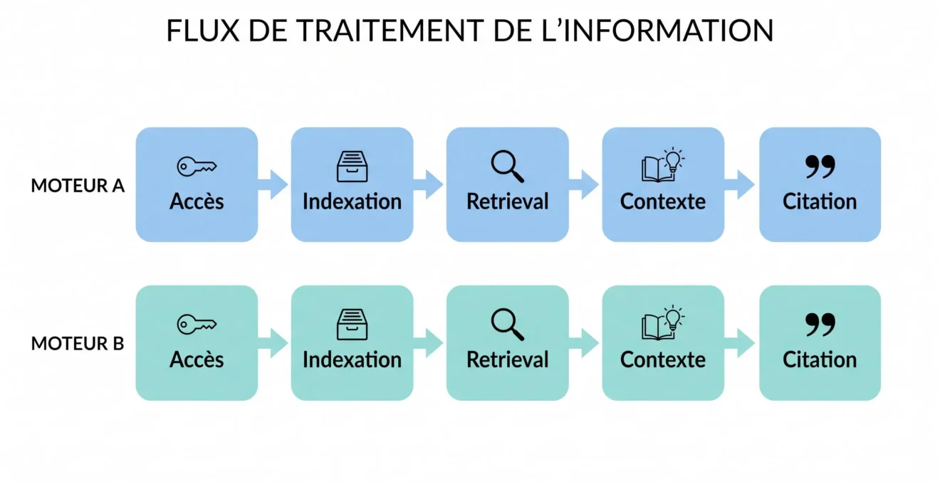 Schéma des cinq couches qui influencent la visibilité dans un moteur génératif