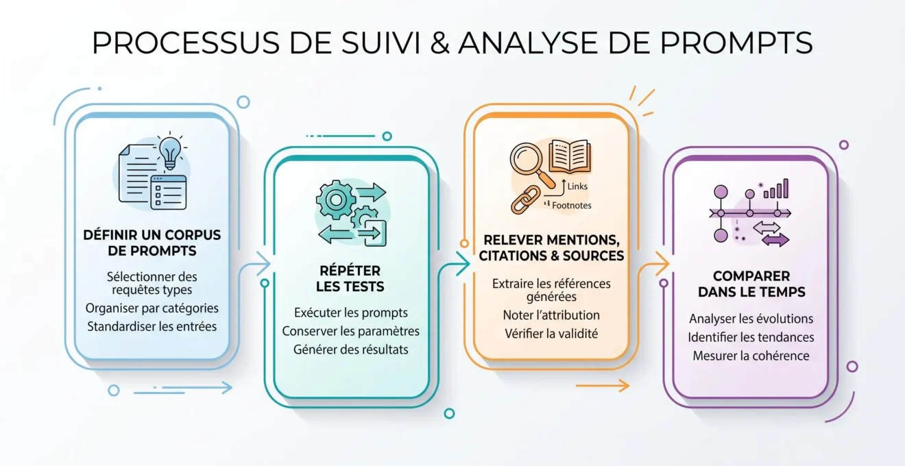 Protocole de mesure GEO avec prompts, répétitions, sources et comparaison dans le temps